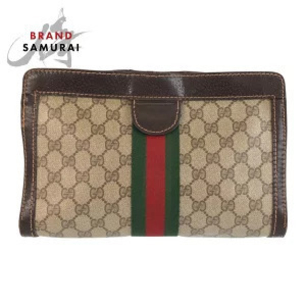 Gucci Sherry Beige Brown GG Supreme Canvas Leather Clutch Bag Shoulder
